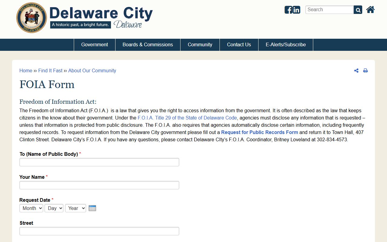Delaware City FOIA form people search