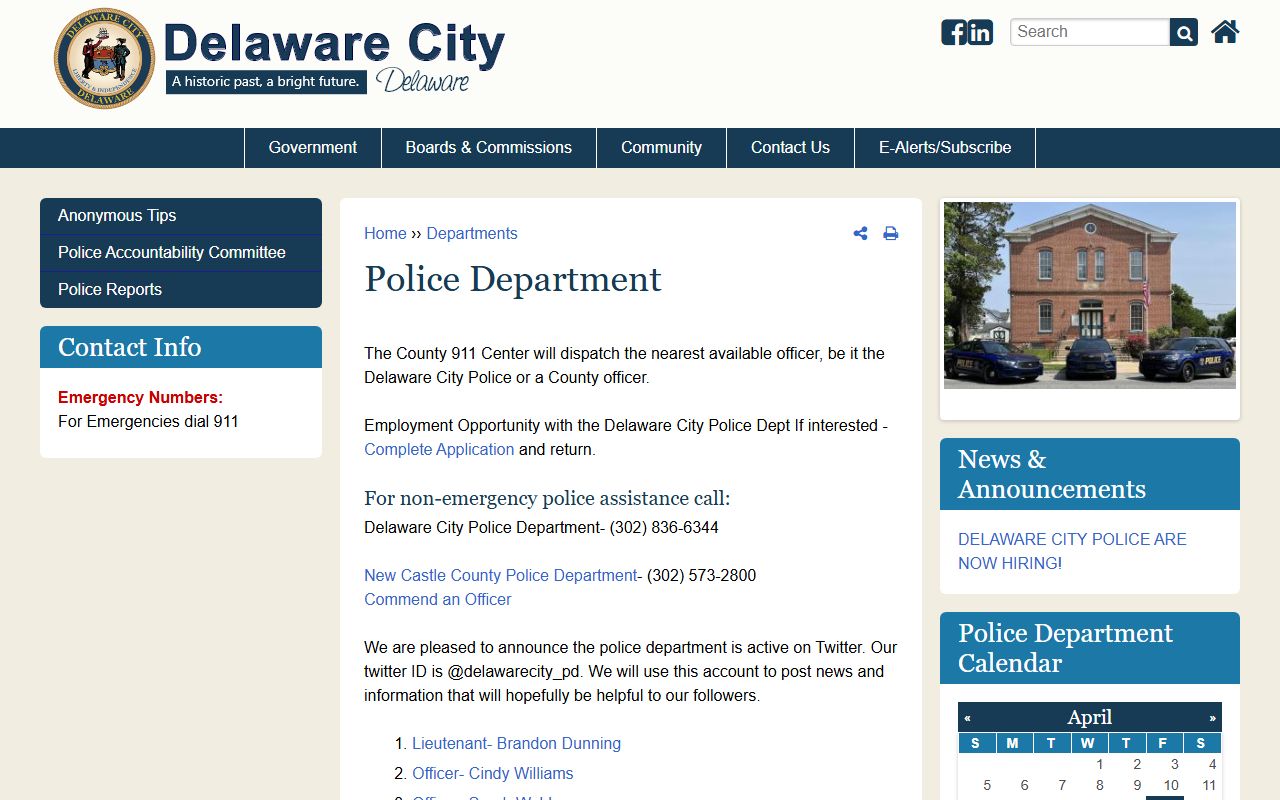 Delaware City Police Department people search page