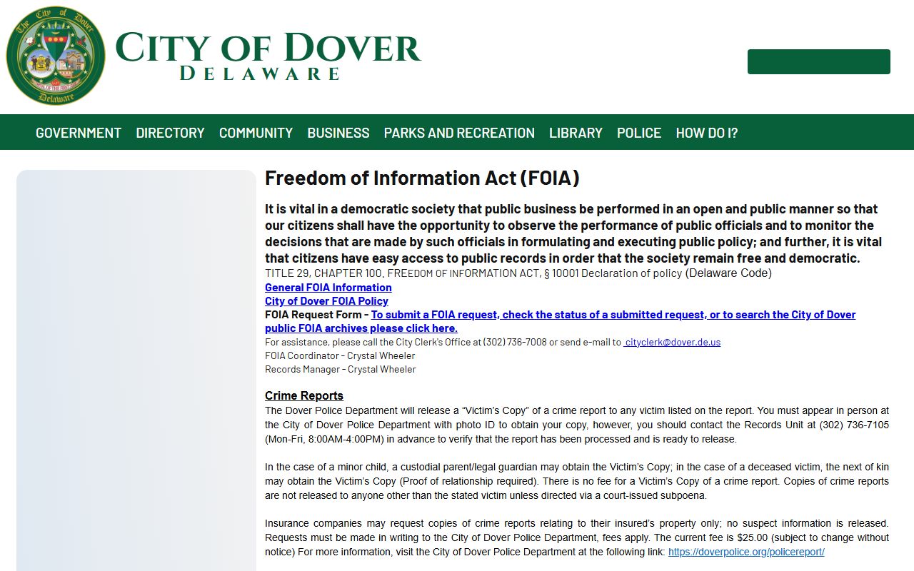 Dover FOIA portal people search request page