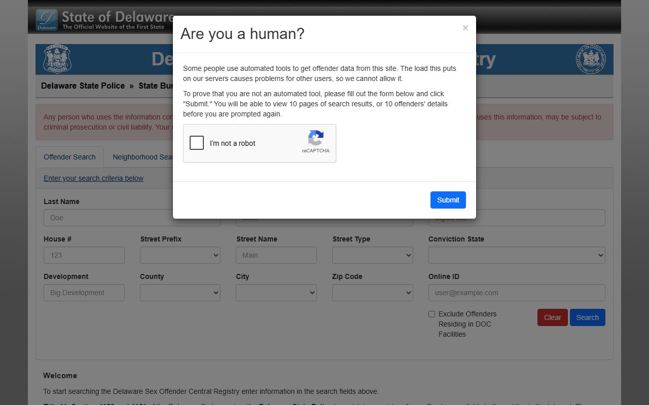 Delaware Sex Offender Registry people search tool