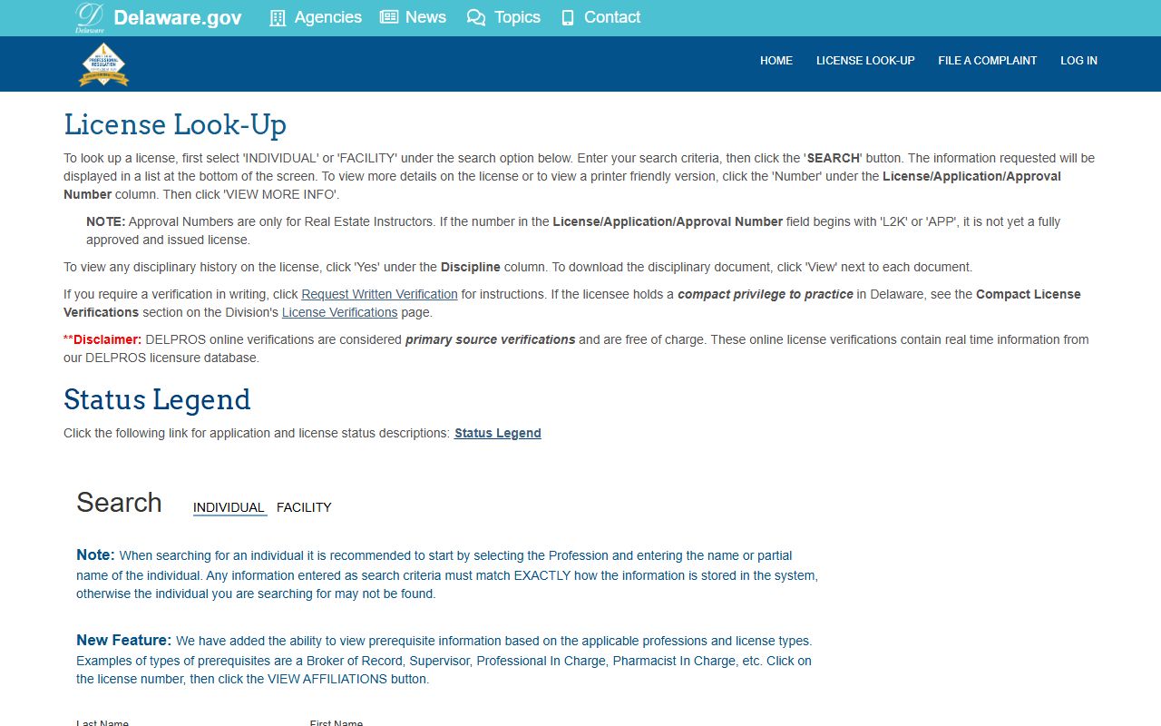 DELPROS Delaware license verification for people search
