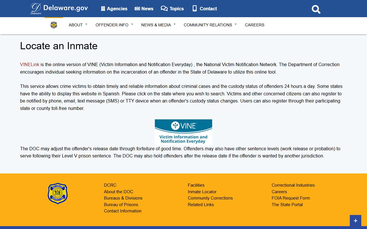 Delaware DOC inmate locator for people search